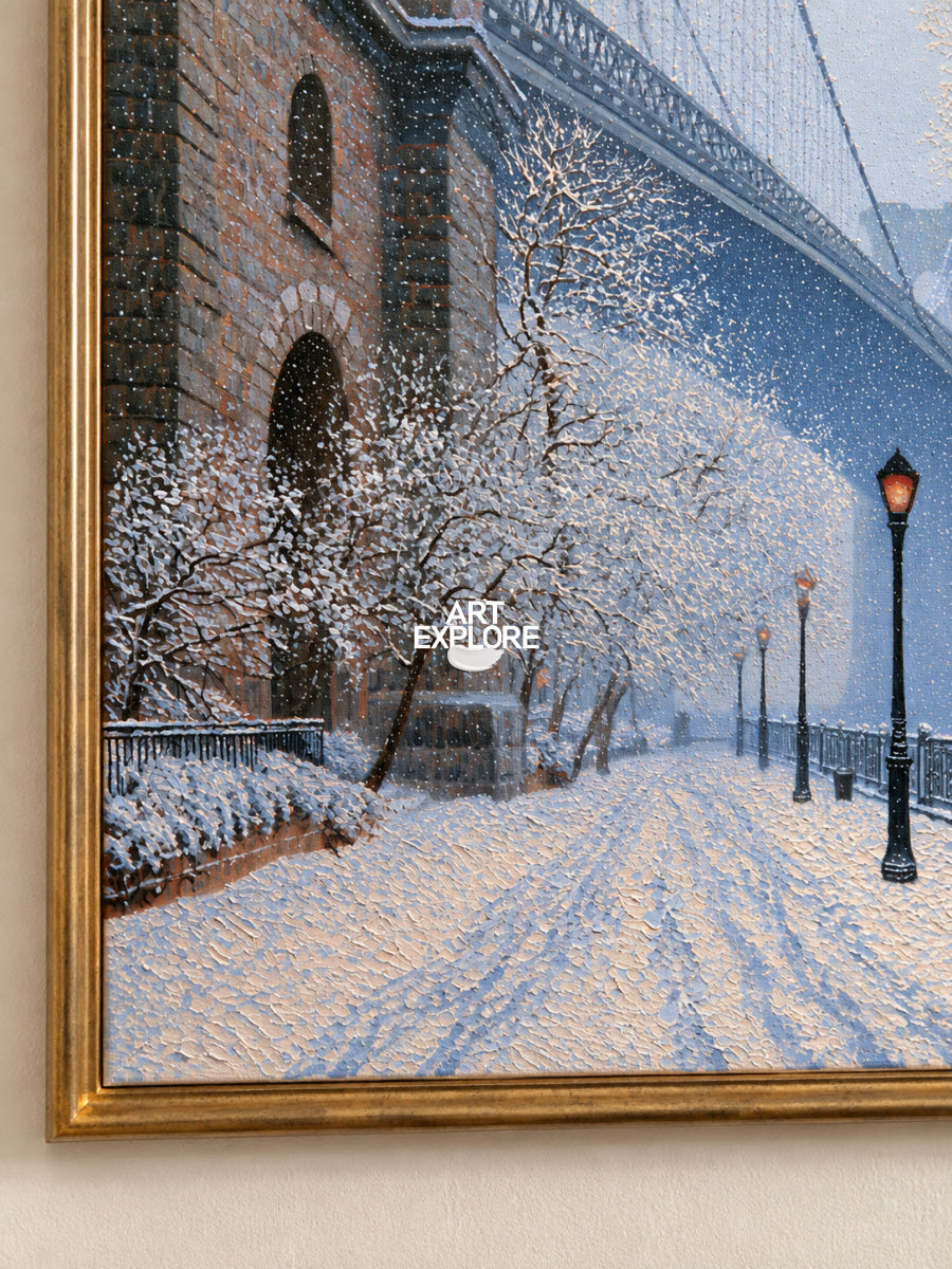 Realistic Blue And White Winter Painting Of City Architecture On Canvas