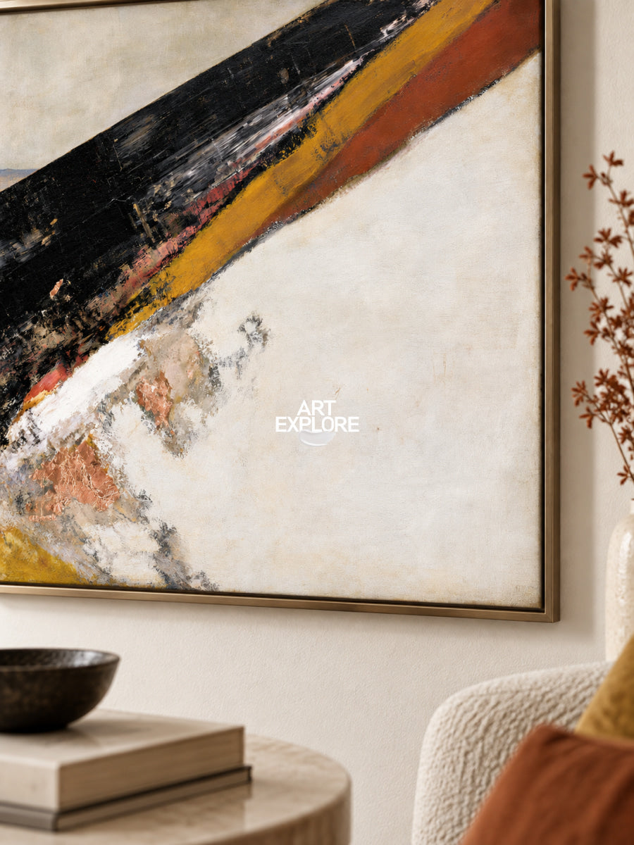 Abstract Black And Beige Canvas Painting With Gold Accents For Modern Walls