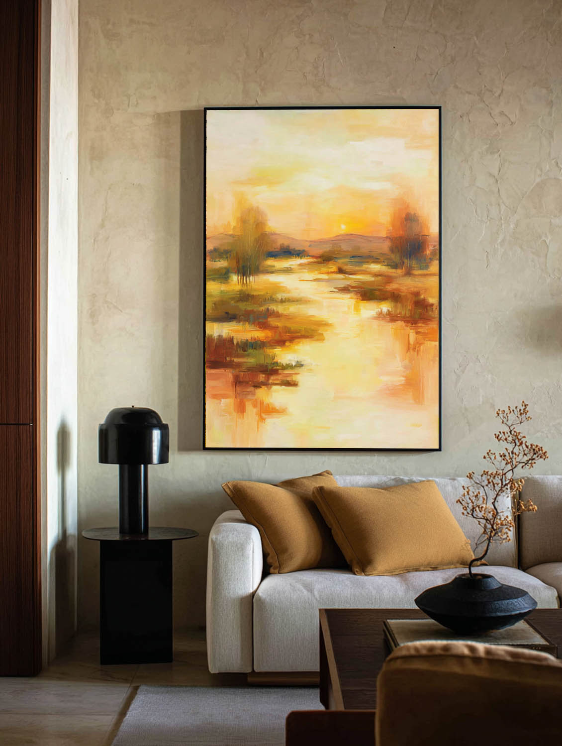 Golden Sunset Abstract Painting On Linen Canvas With Warm Tones For Modern Home Decor