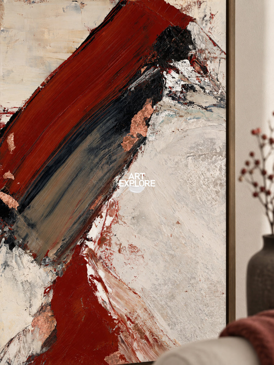 Modern Bold Red And Beige Abstract Canvas Painting Hand-Painted Wall Art