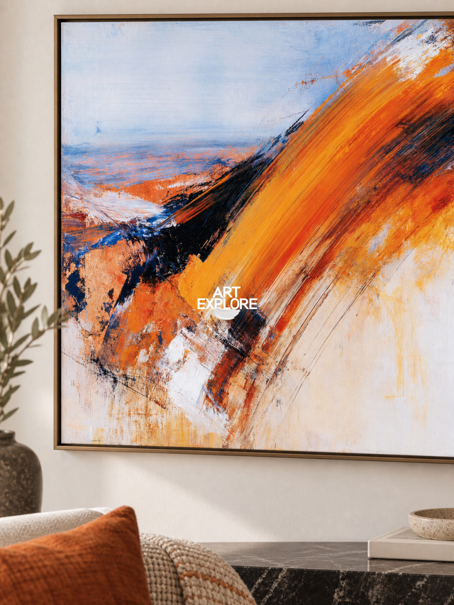 Modern Abstract Wall Art With Orange Blue For Living Room Decor