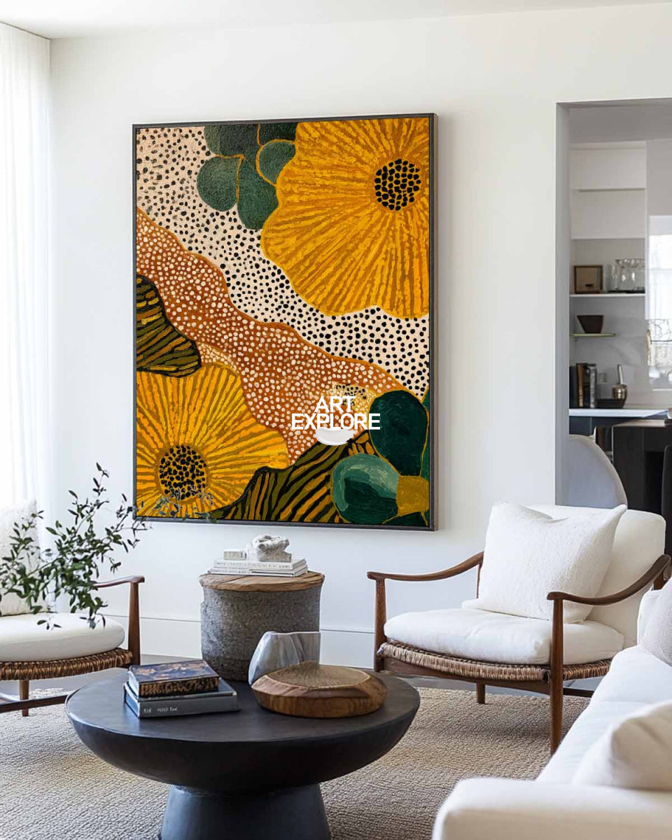 Abstract Floral Painting With Orange And Green Tones For Modern Living Room Decor
