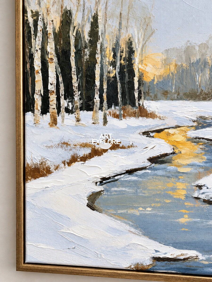 Abstract Winter Landscape Canvas Painting With Blue Stream And Birch Trees
