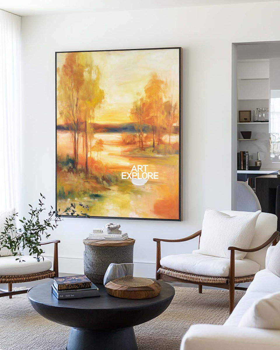 Golden Sunset Abstract Art Vertical Canvas Painting For Office Or Dining Room