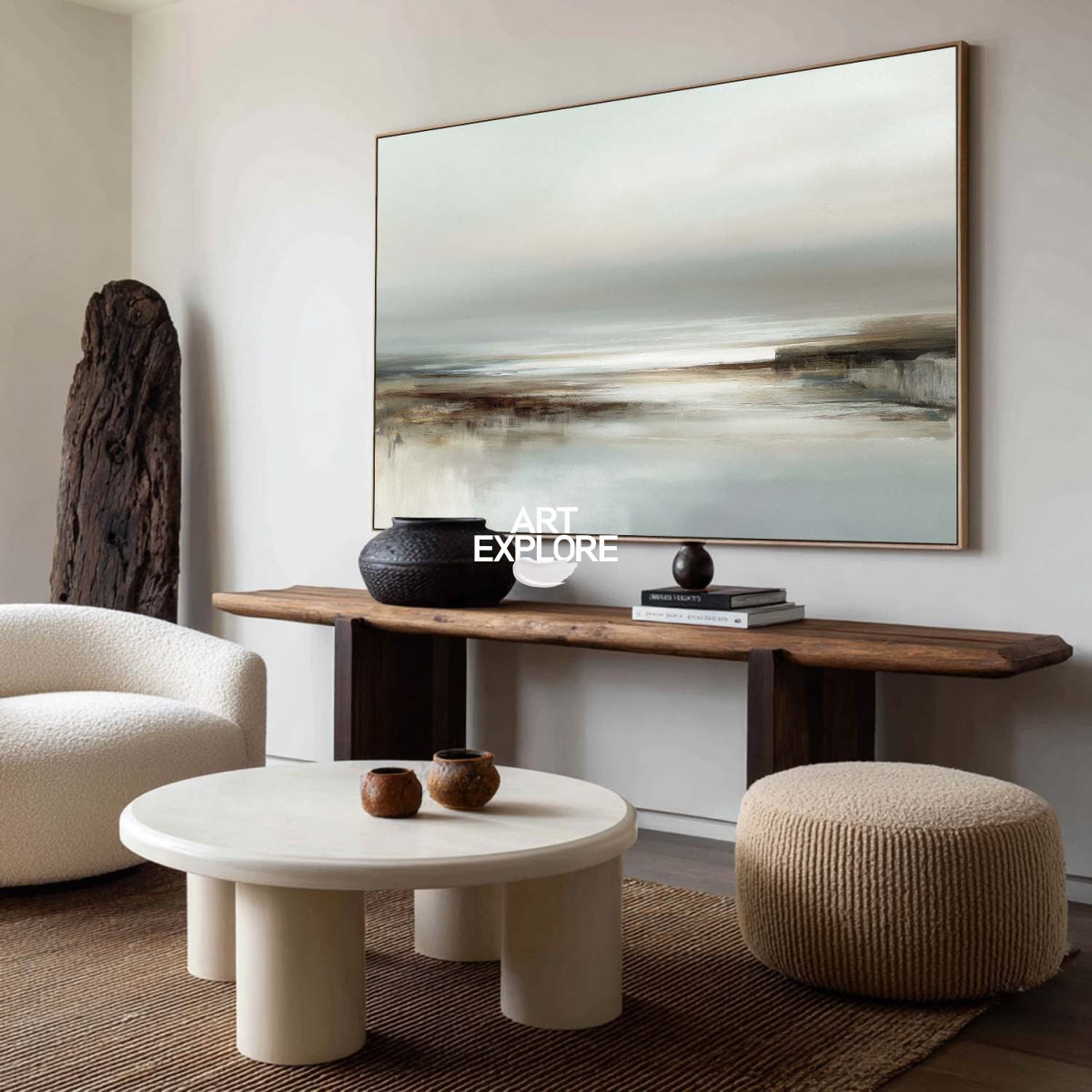 Abstract Grey Seascape Art Horizontal Canvas Painting For Modern Living Room Decor
