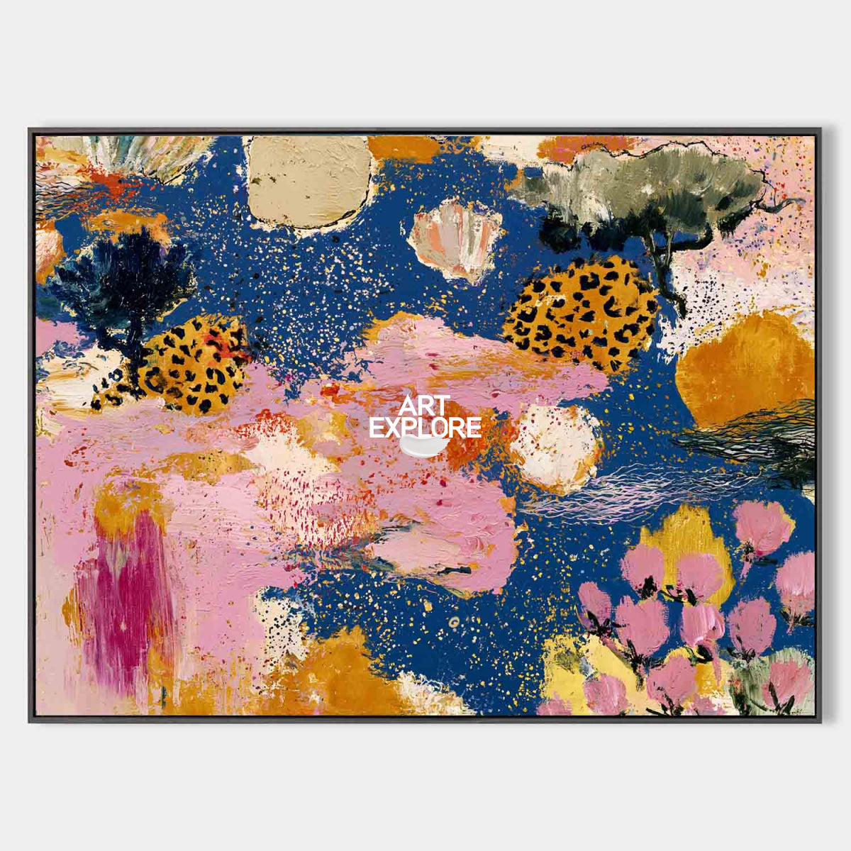 Colorful Abstract Floral Canvas Painting With Pink And Blue Tones For Modern Home Decor