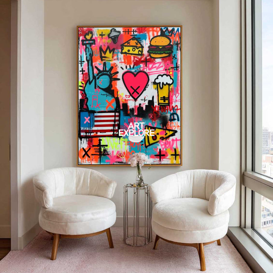 Hand-Painted Urban Graffiti Canvas With Pink Heart And Crown Pop Art