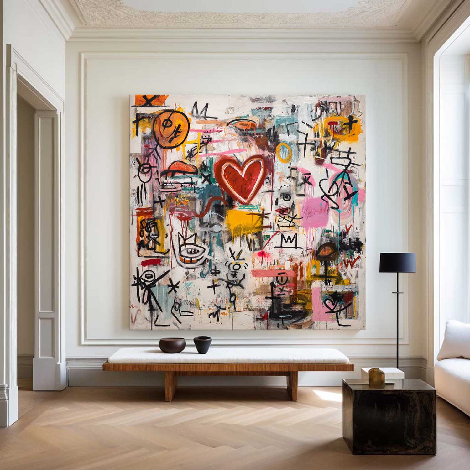Colorful Graffiti Style Heart Painting – Large Modern Texture Artwork for Home Decor – ArtExplore