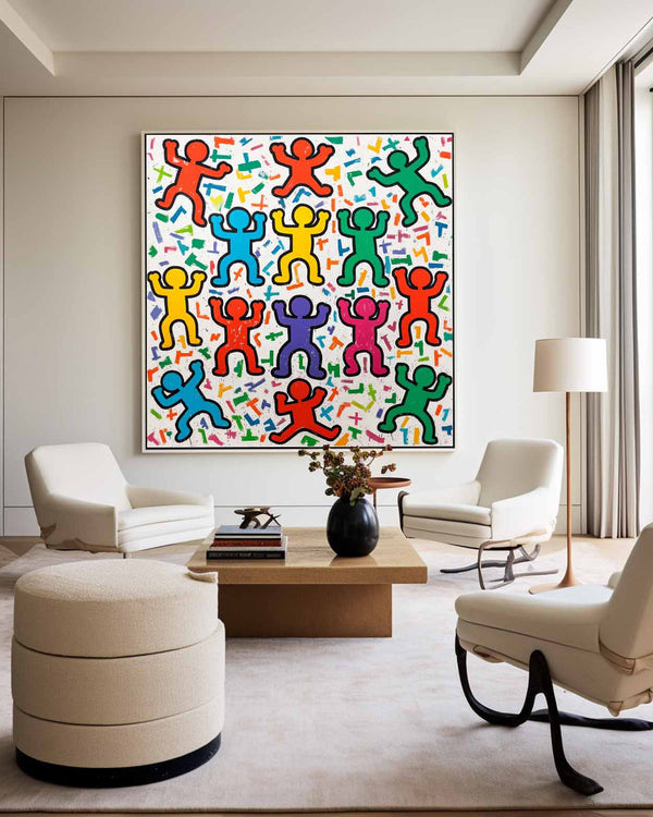 Large Colorful Pop Wall Art Colorful Texture Painting Keith Haring Style of Wall Art For Sale