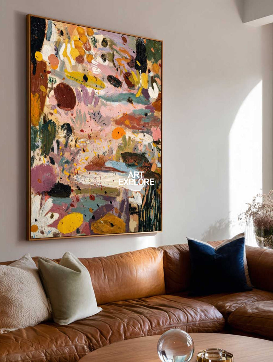 Original Pink Abstract Painting With Colorful Textured Strokes For Modern Home Decor