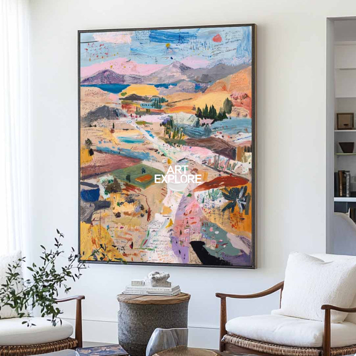 Abstract Pink Blue Landscape Painting Original Art For Modern Living Room Decor
