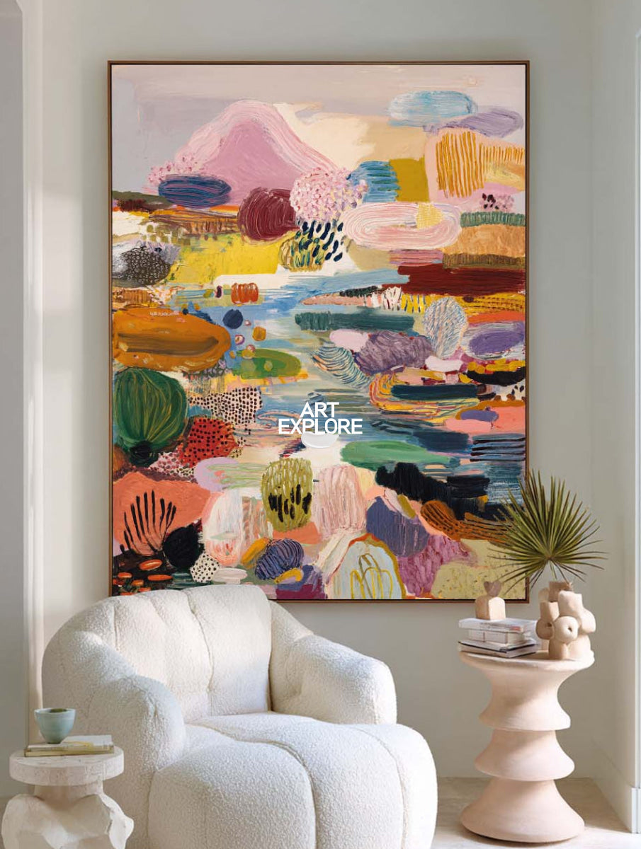 Vibrant Pink Abstract Art Painting Colorful Contemporary Canvas For Modern Living Room Decor