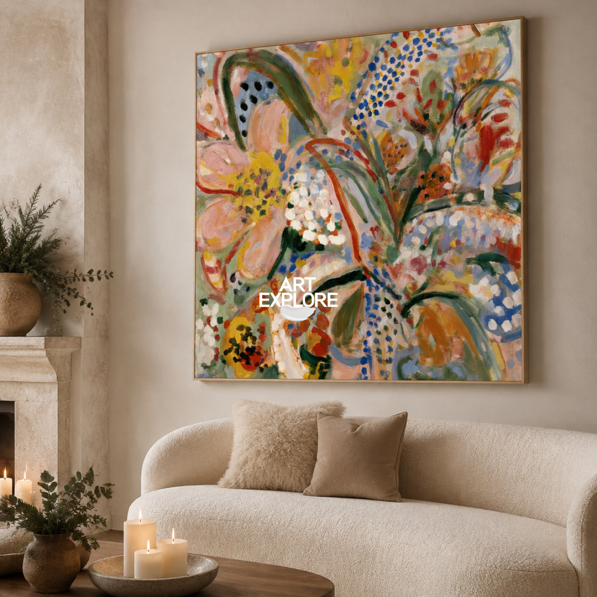 Abstract Floral Canvas Painting With Pink Blue Yellow Hand-Painted Wall Art