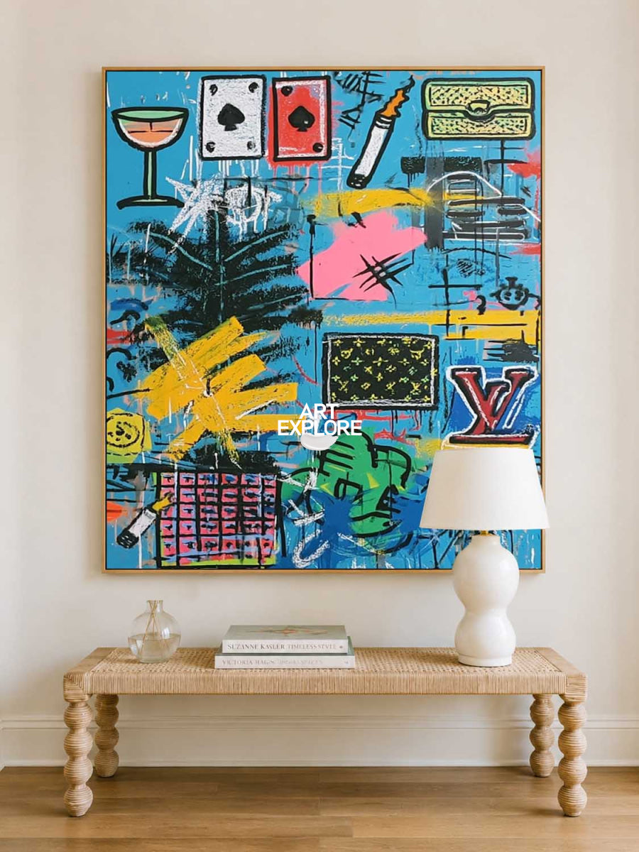 Original Blue Graffiti Art With Pop Culture Icons For Modern Living Room Decor