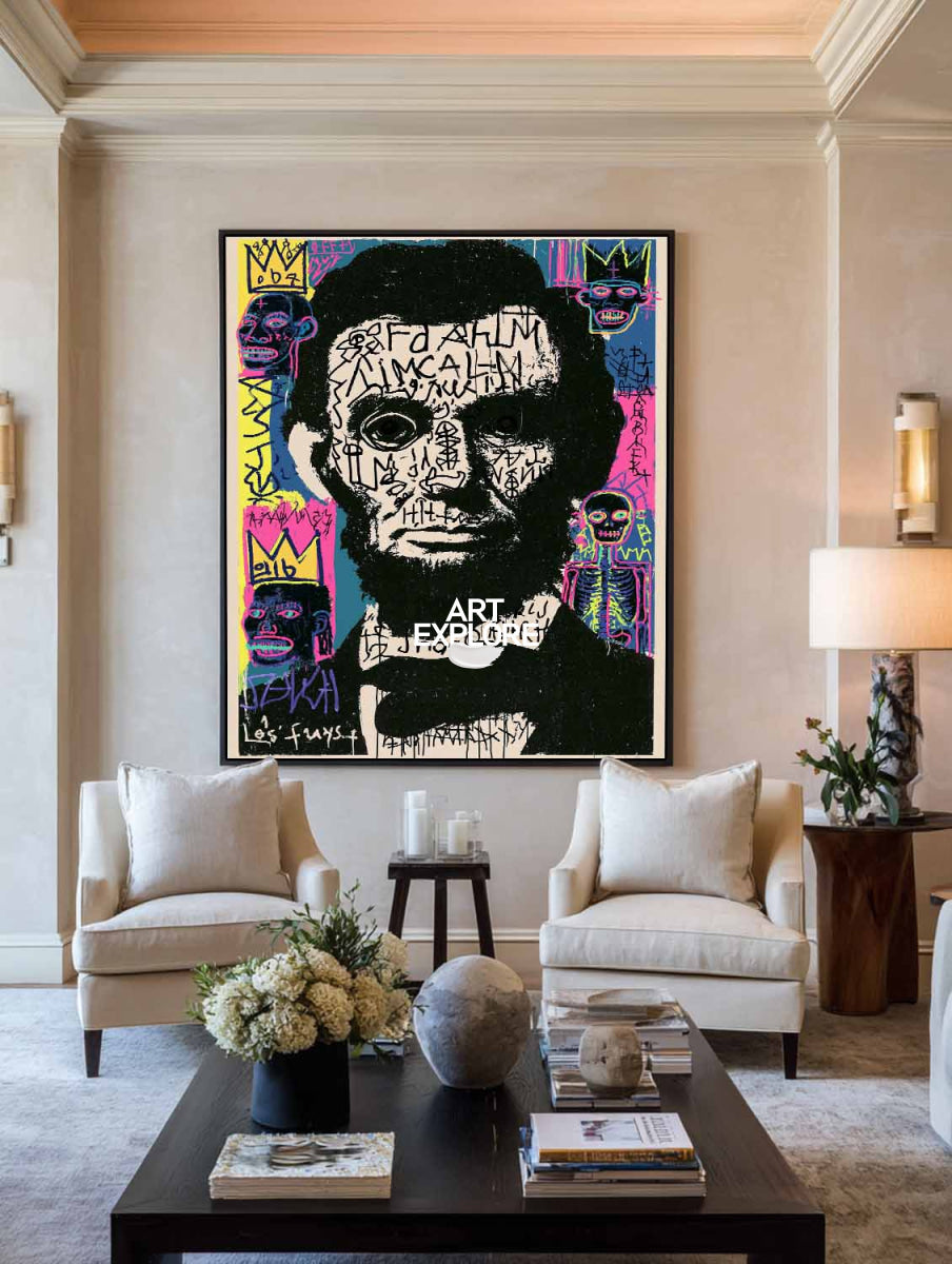 Hand-Painted Graffiti Lincoln Canvas Art With Black And Beige Tones