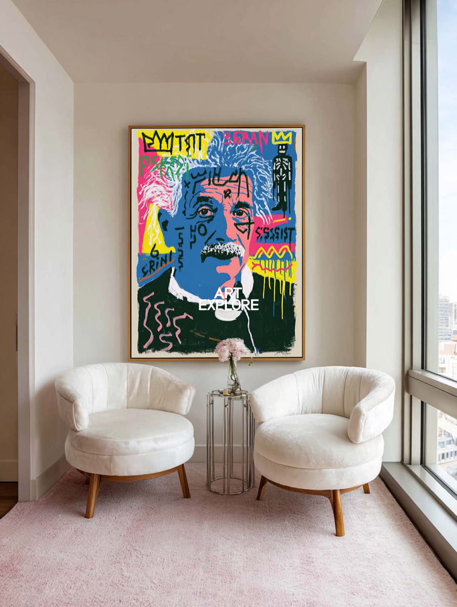 Einstein Graffiti Pop Art Canvas Painting Blue Pink Hand-Painted Wall Decor