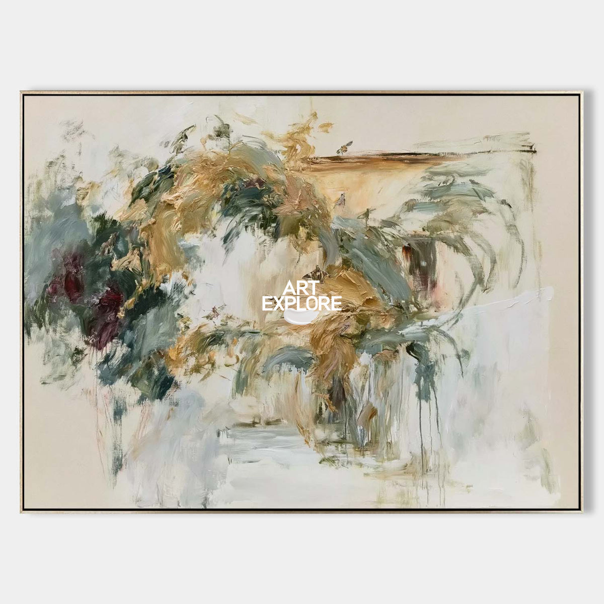 Abstract Beige And Green Canvas Painting With Textured Strokes