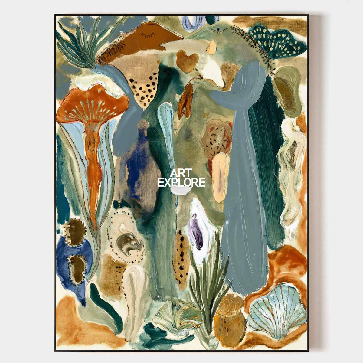 Abstract Botanical Canvas Painting In Green And Blue Hand-Painted Wall Art