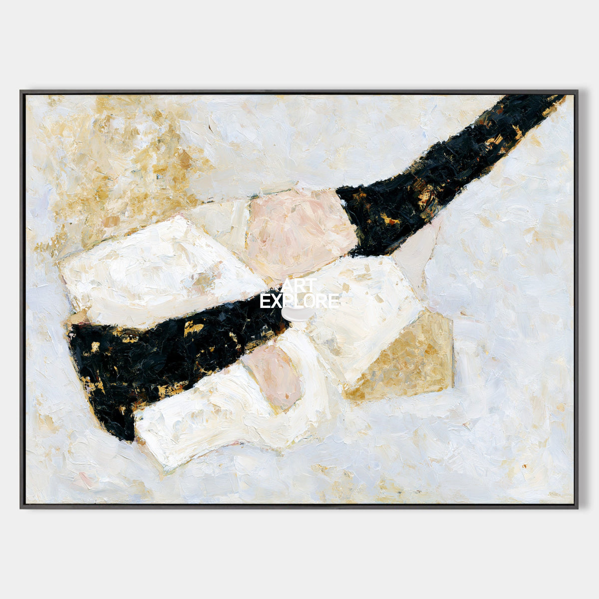 Abstract Geometric Canvas Painting In Black White And Beige