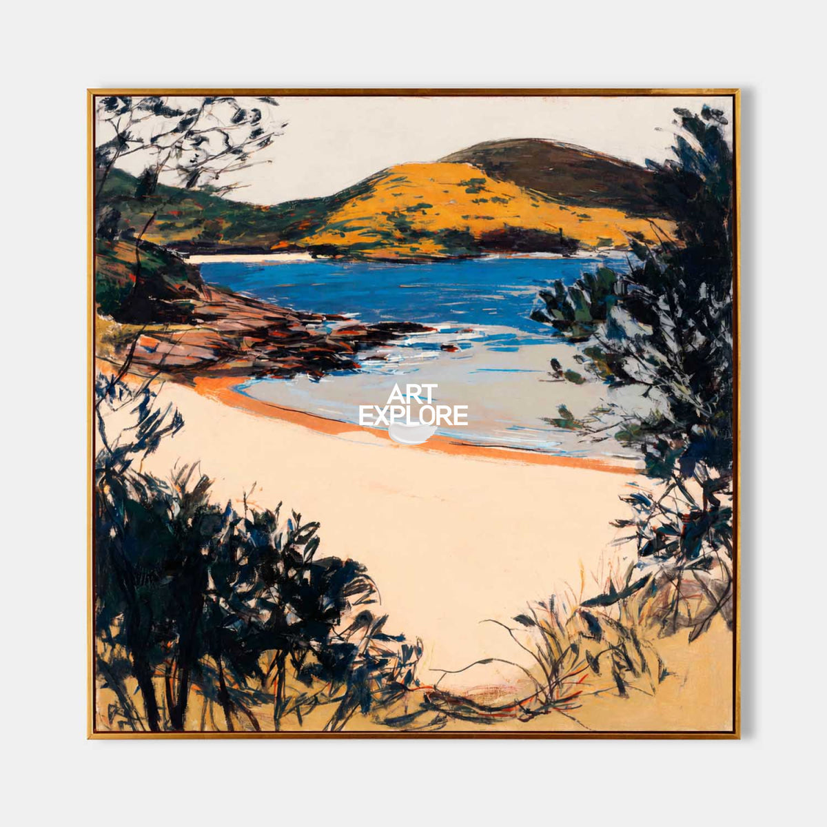 Abstract Lake Landscape Canvas Painting With Warm Golden Hills And Blue Water