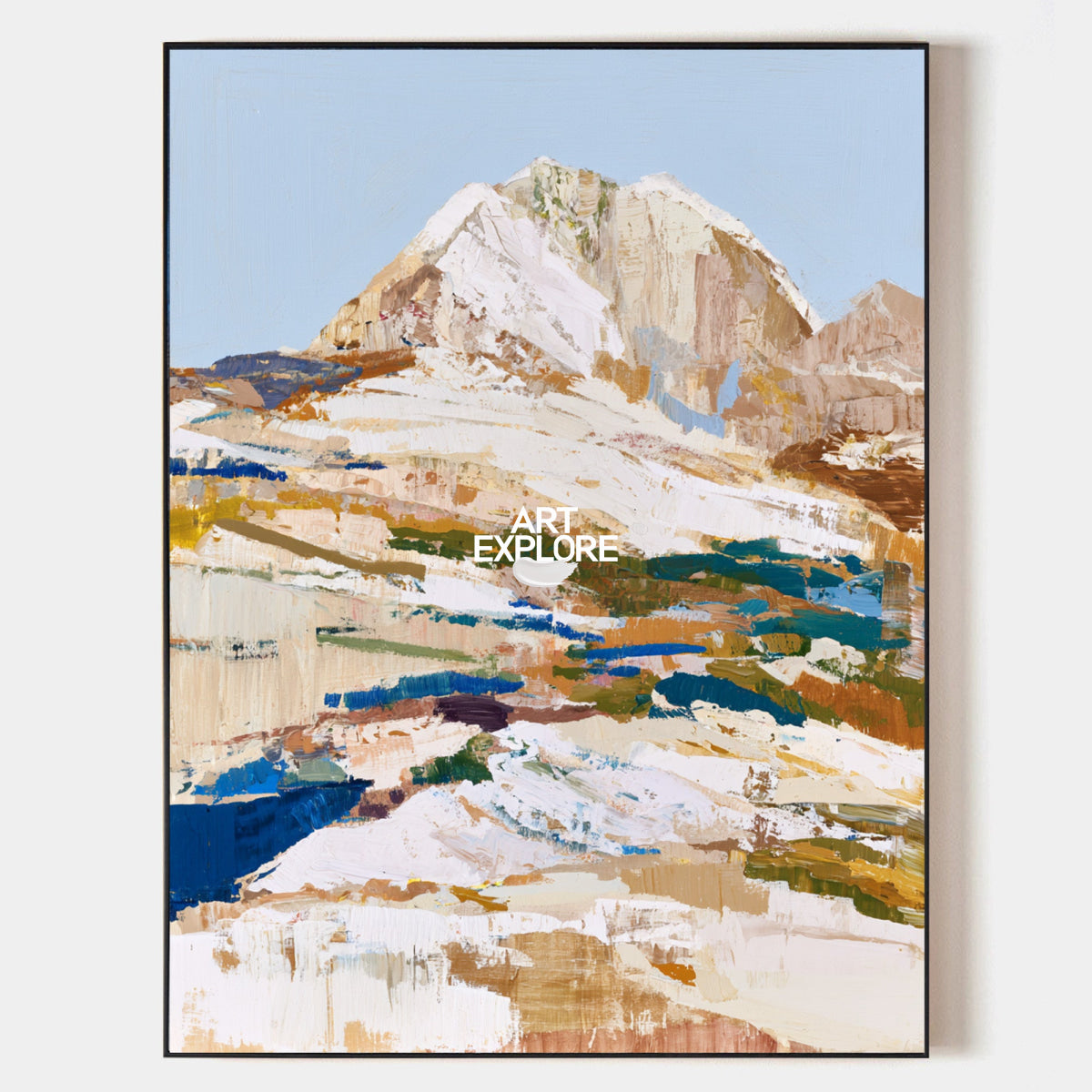 Abstract Mountain Landscape Canvas Painting In Blue And Brown Tones