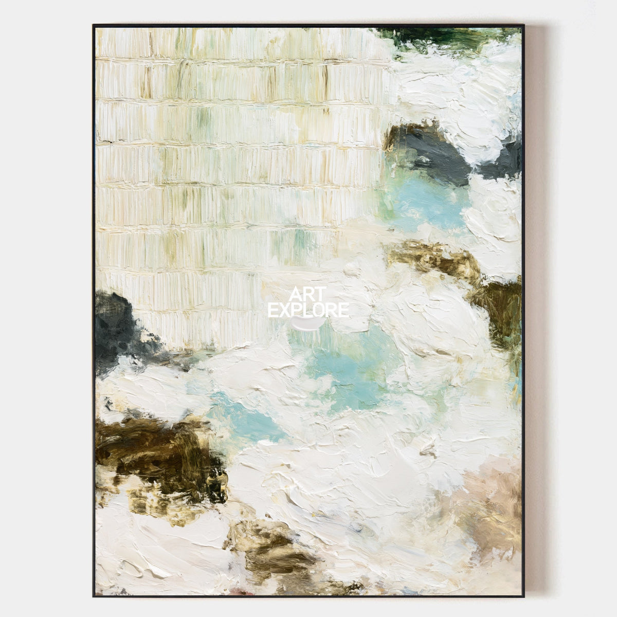 Abstract Textured Canvas Painting With Beige Grid And Teal Waves