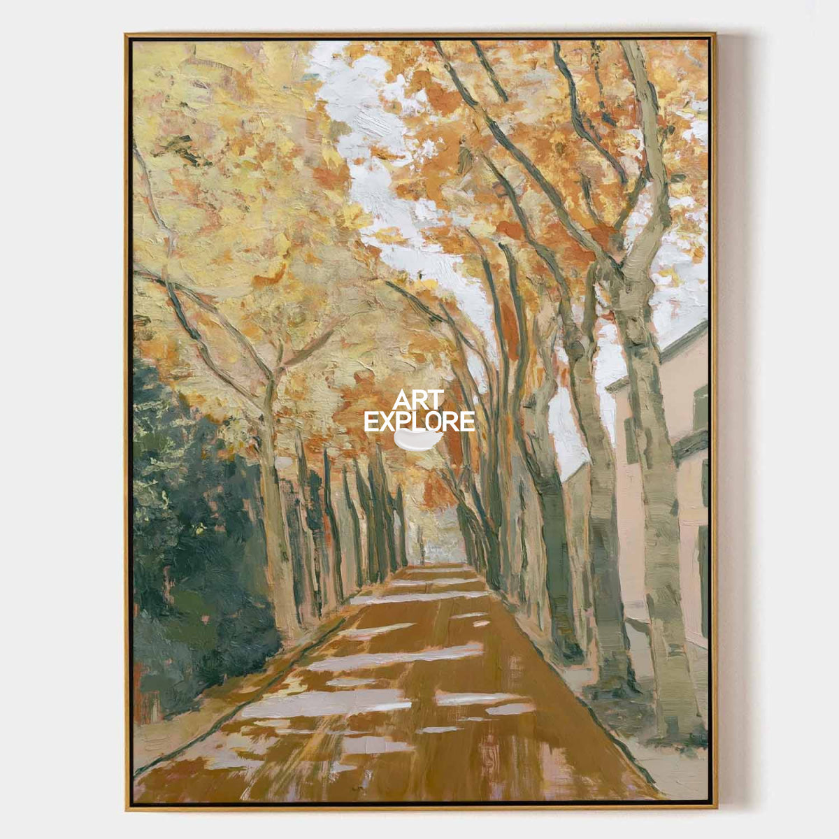 Abstract Tree Landscape Canvas Painting In Warm Gold And Brown Tones