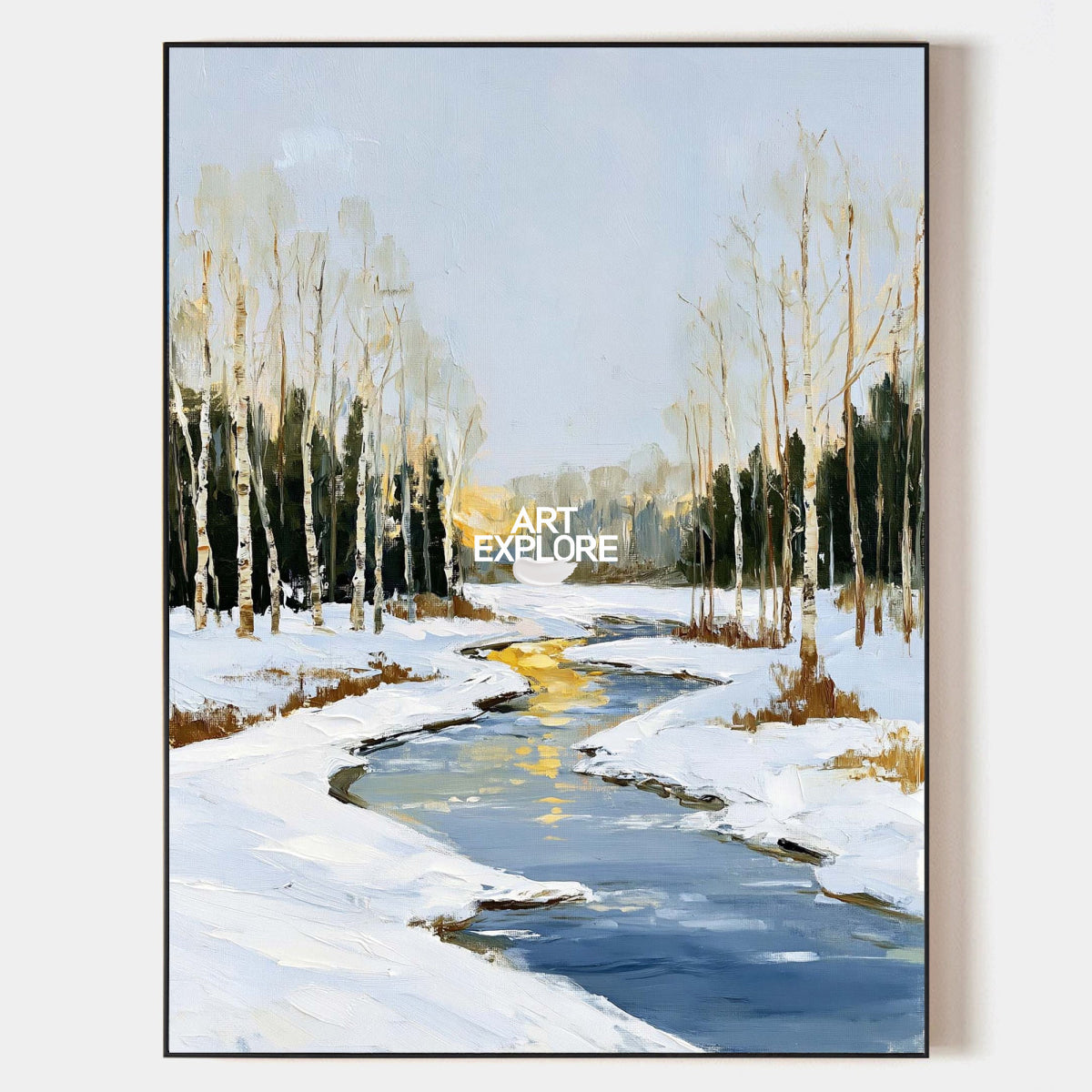 Abstract Winter Landscape Canvas Painting With Blue Stream And Birch Trees
