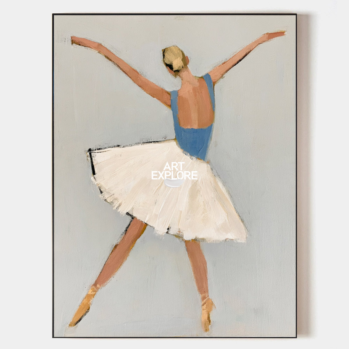 Ballerina Canvas Painting Minimalist Blue And Beige Hand-Painted Wall Art