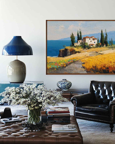 Contemporary Coastal Villa Artwork – Richly Textured Modern Landscape Canvas Ideal for Large Spaces