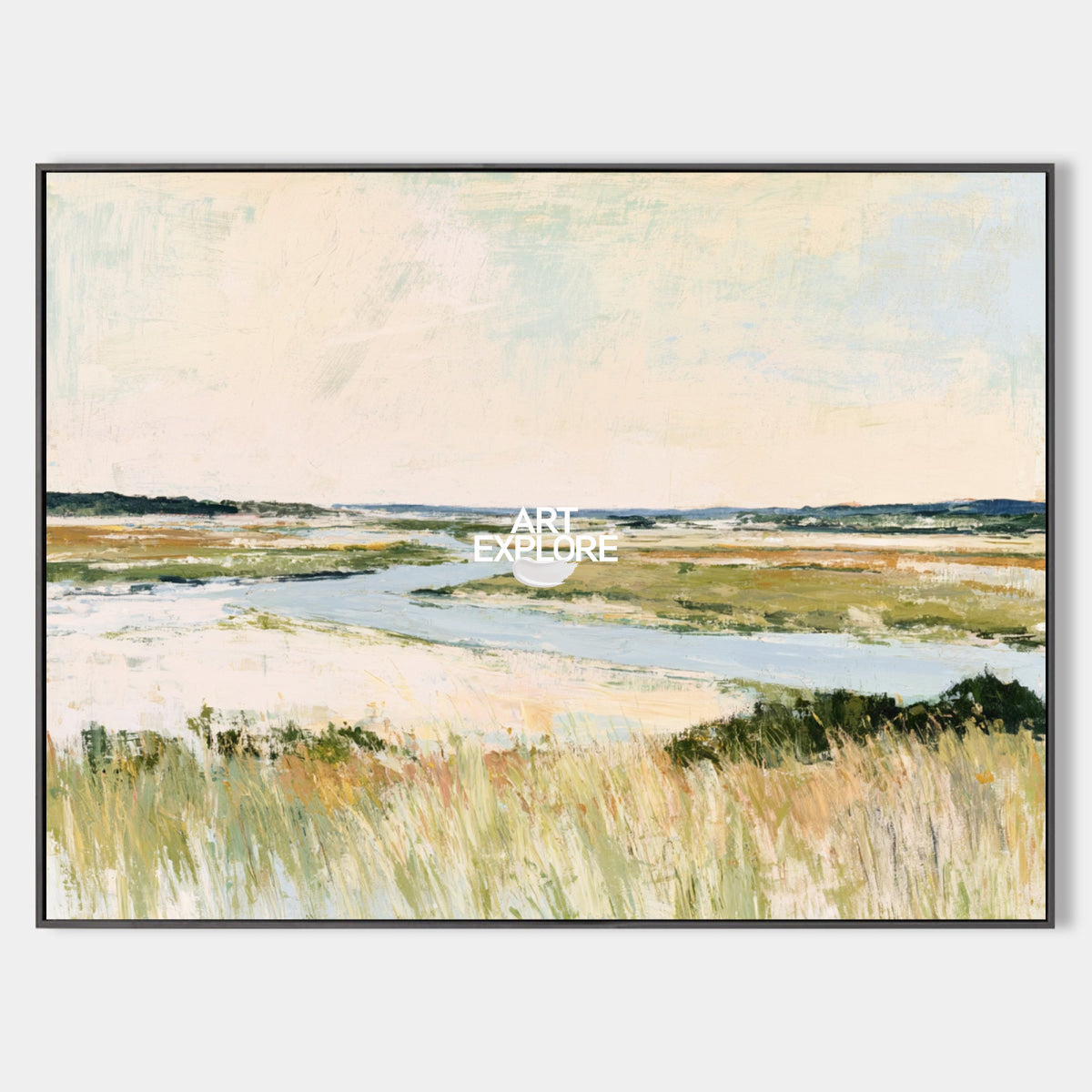 Hand-Painted Coastal Landscape Canvas Art In Warm Beige And Blue Tones