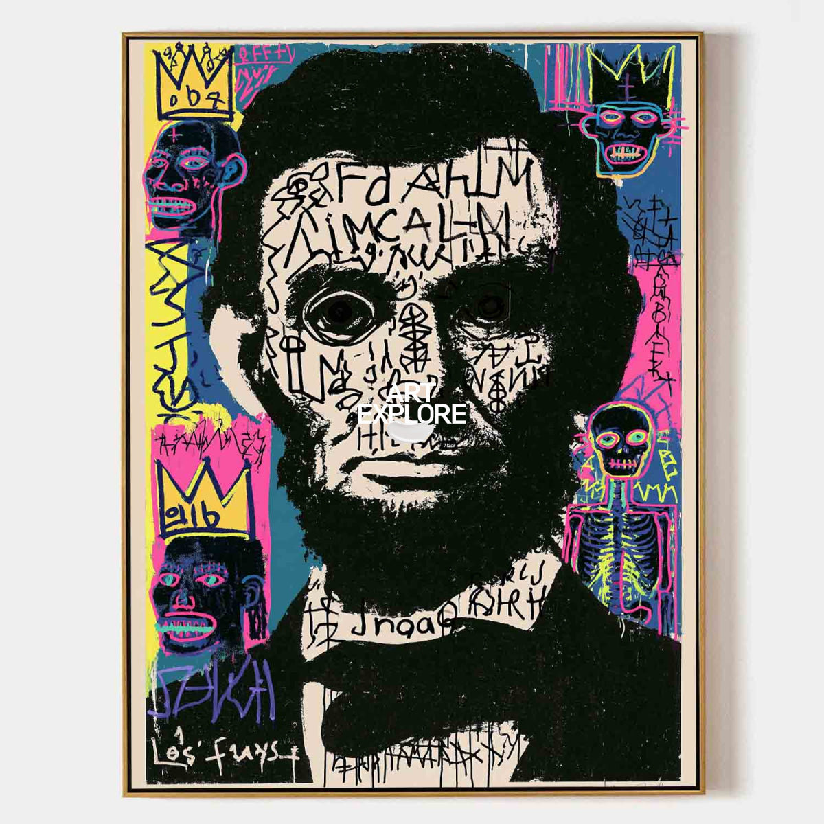 Hand-Painted Graffiti Lincoln Canvas Art With Black And Beige Tones