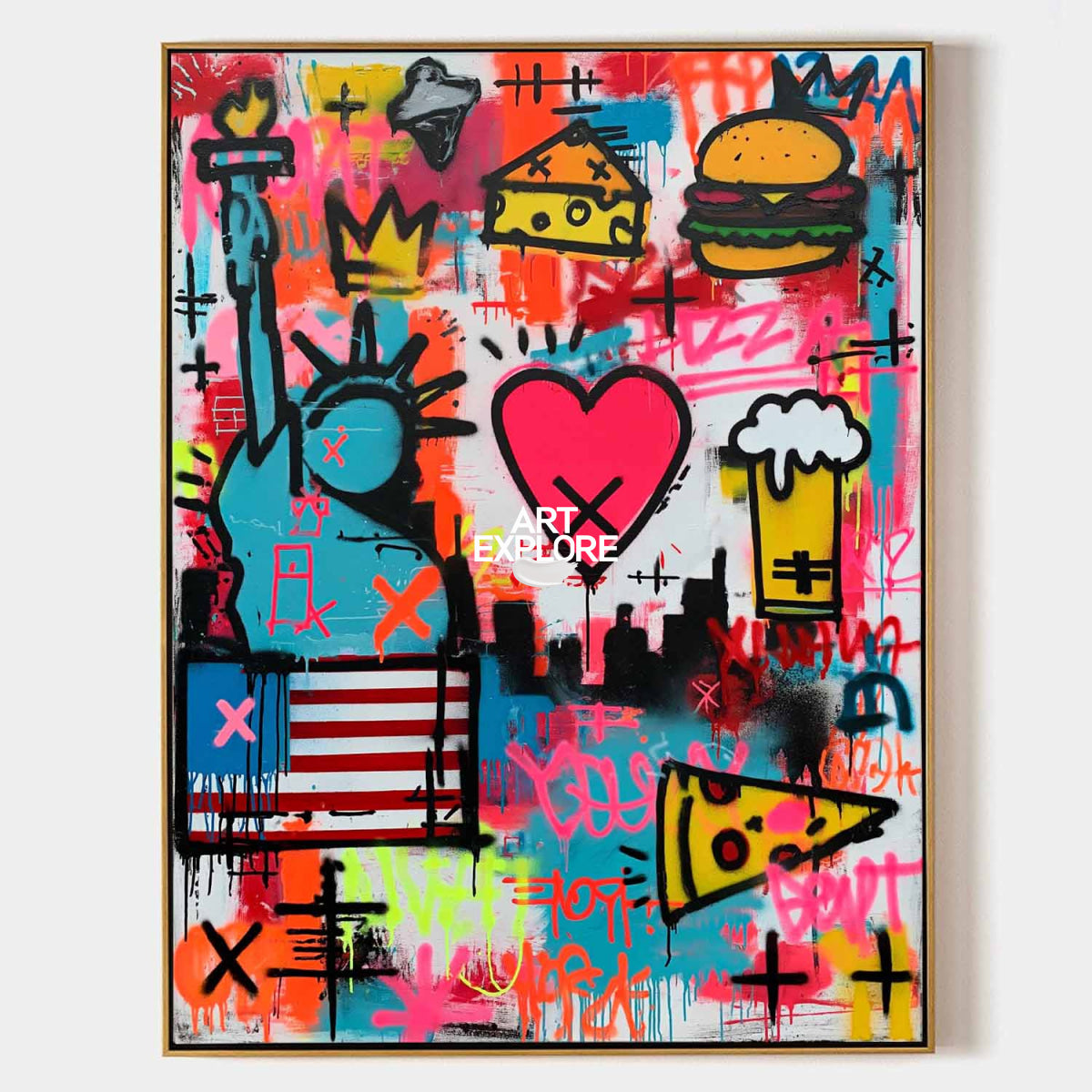 Hand-Painted Urban Graffiti Canvas With Pink Heart And Crown Pop Art