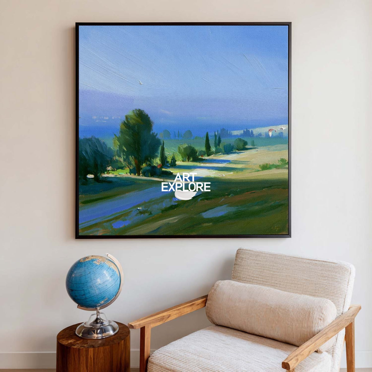 Modern Blue Green Landscape Painting Square Canvas Art For Living Room Decor