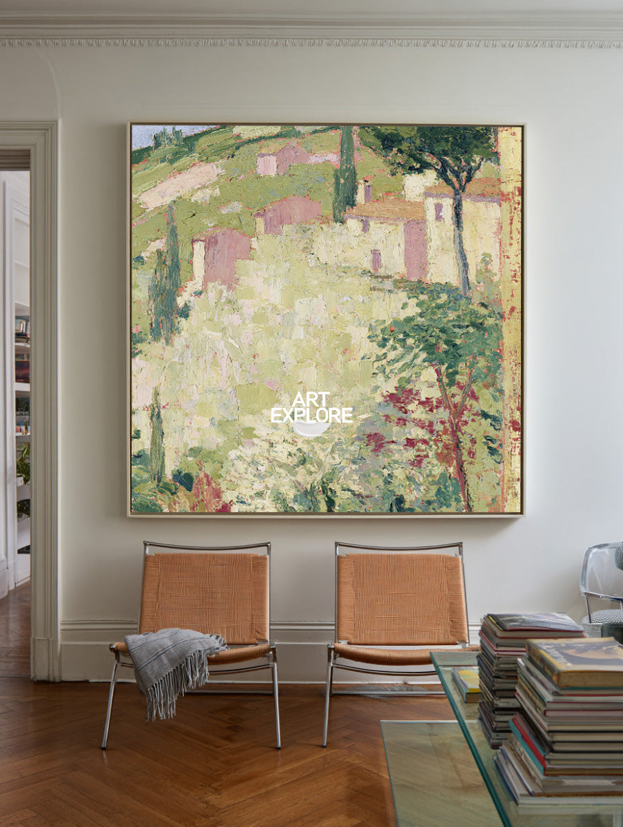 Hand-Painted Countryside Landscape Canvas Art With Green And Yellow Tones