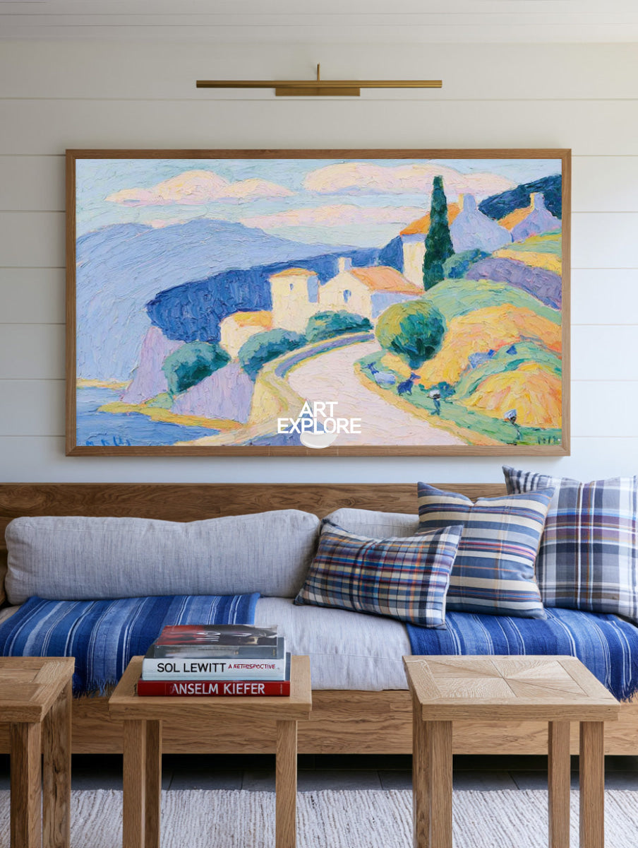 Hand-Painted Seaside Village Landscape Canvas Art With Blue Sky