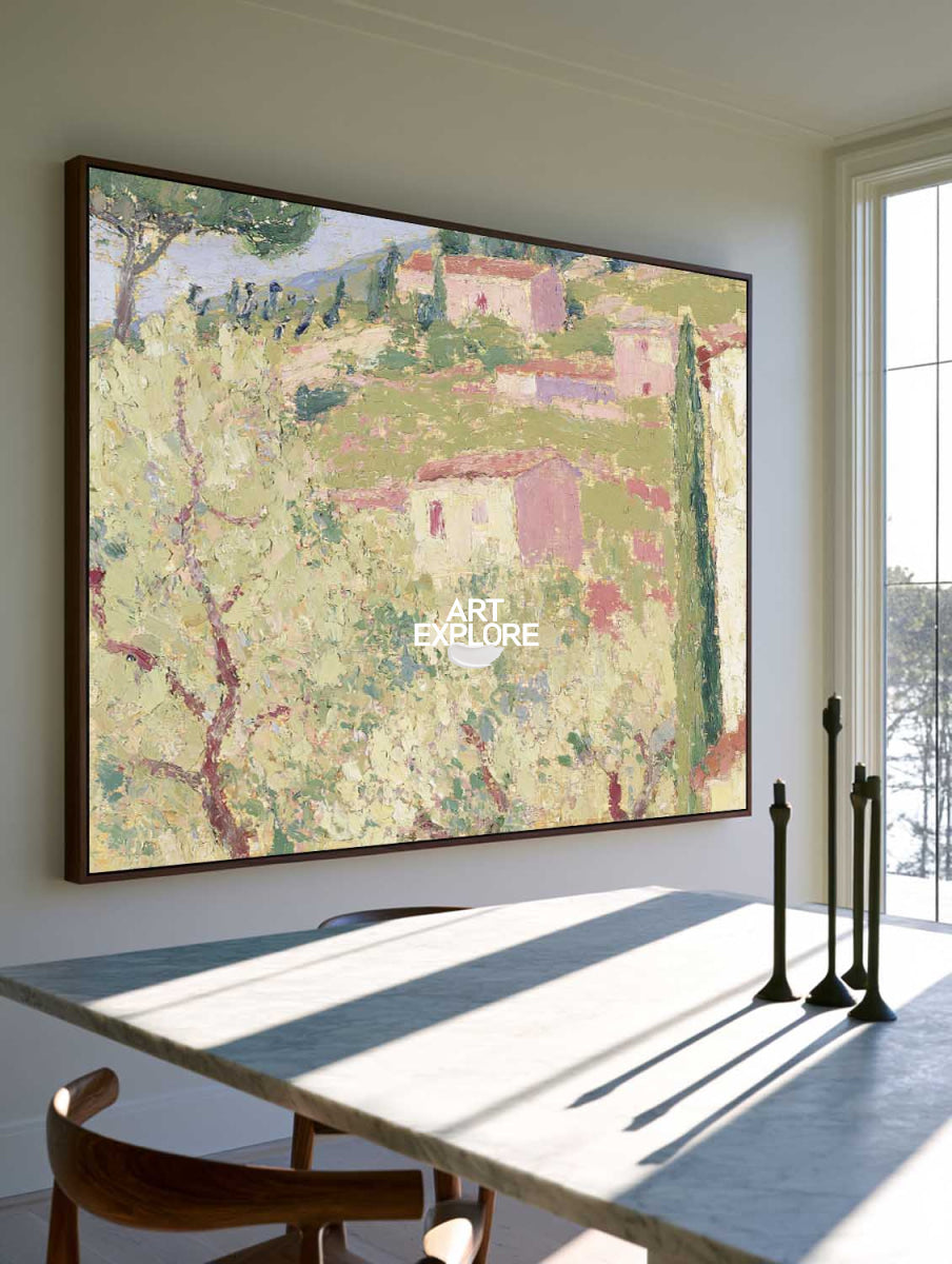 Impressionist Style Rustic Village Wall Art In Pink And Green For Living Room