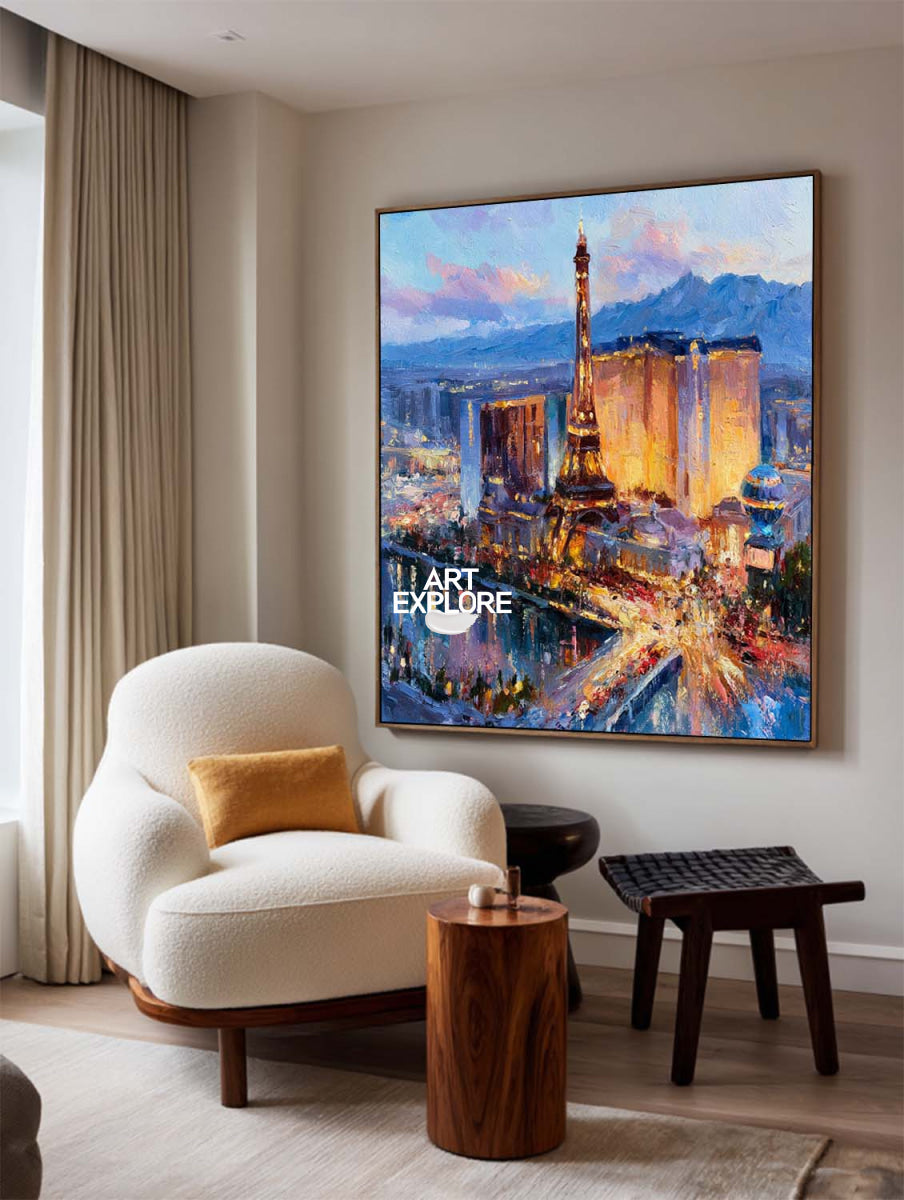 Hand-Painted Paris Cityscape Canvas Art With Eiffel Tower In Blue And Gold
