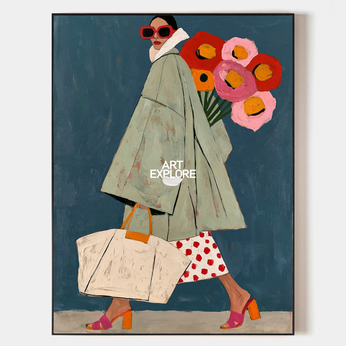 Pop Art Style Canvas Painting Abstract Woman In Green Coat Original Art