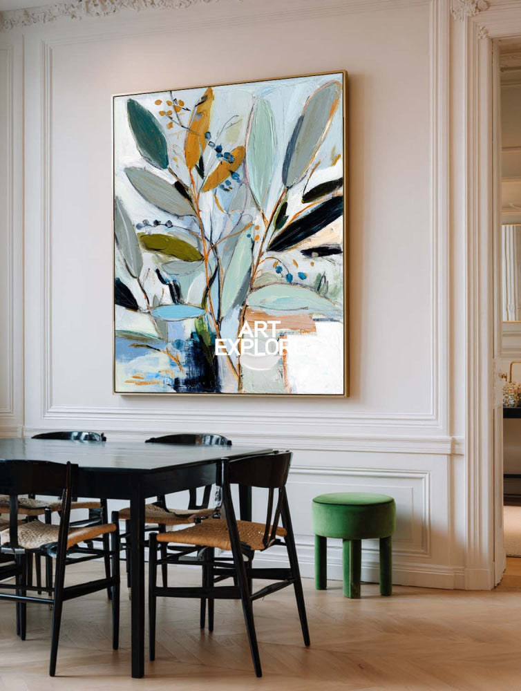 Contemporary Sage & Blue Leaf Painting Large Textured Nature Canvas