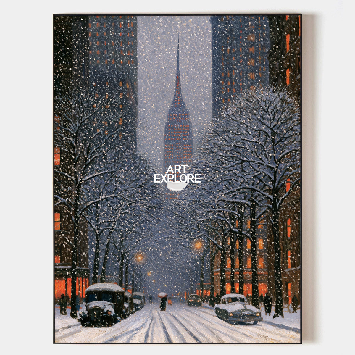 Snowy New York City Painting With Empire State Building Blue Wall Art