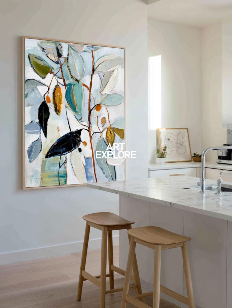 Contemporary Soft Blue Leaf Painting Large Office Wall Decor