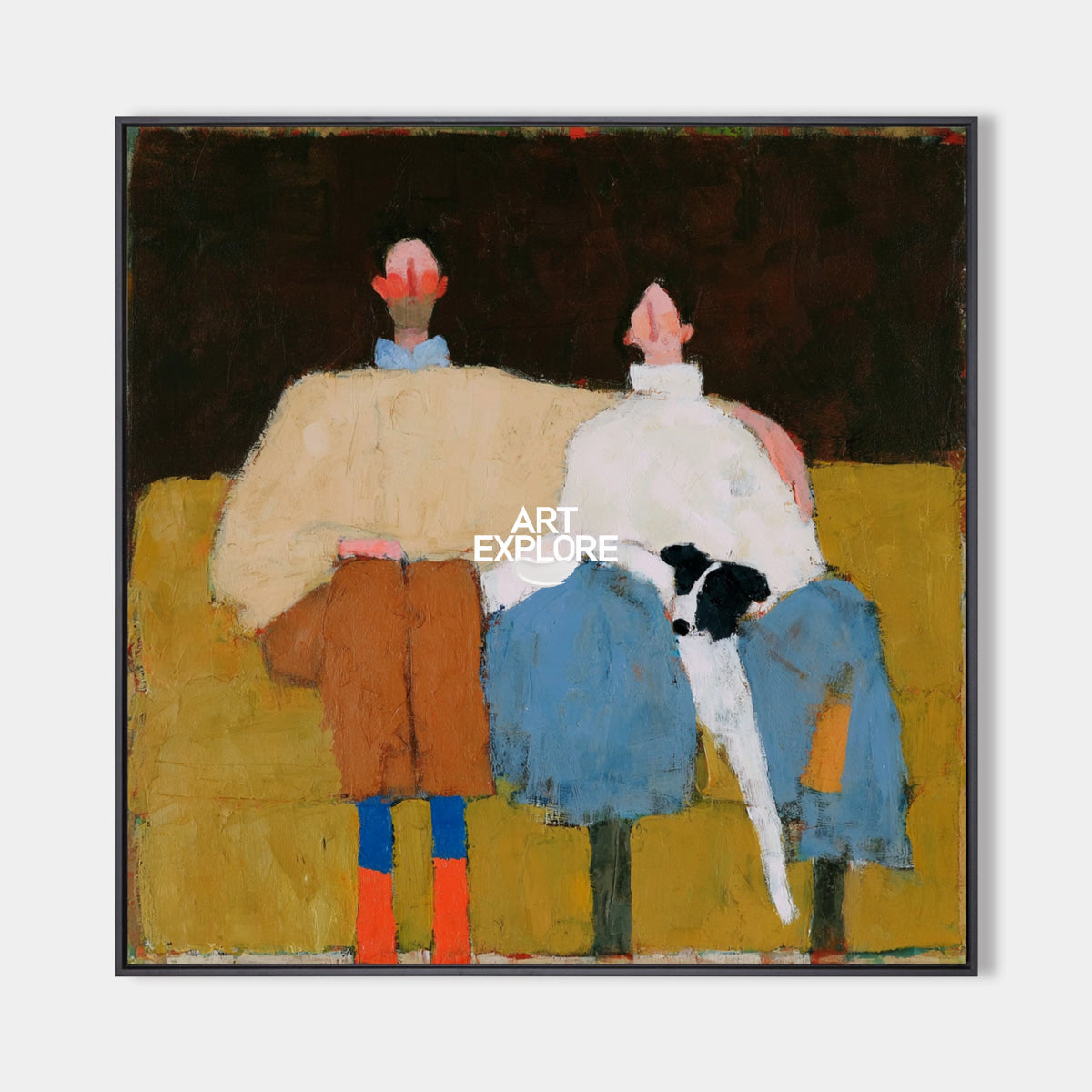 Contemporary Square Oil Painting Of Couple With Pet In Brown Blue For Living Room Decor