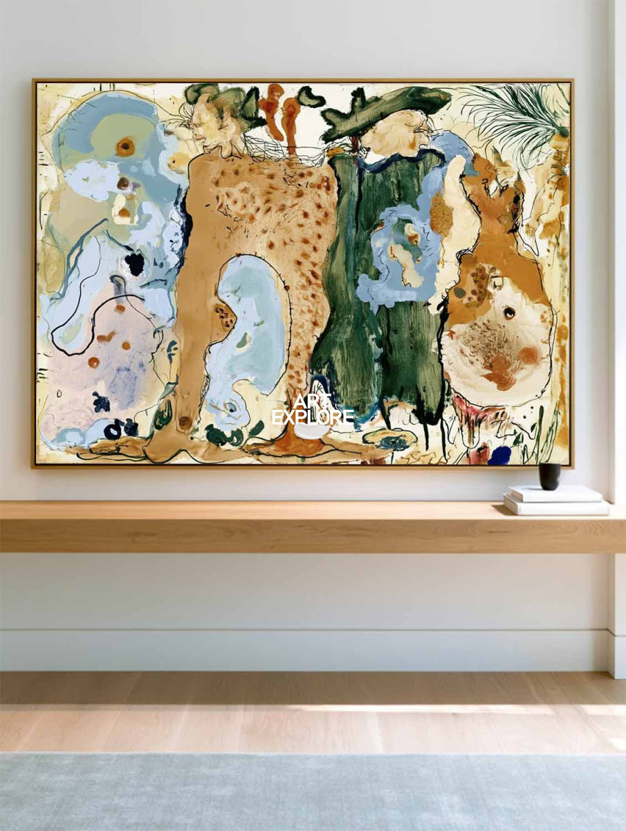 Abstract Brown And Green Canvas Painting With Blue Accents Hand-Painted Wall Art