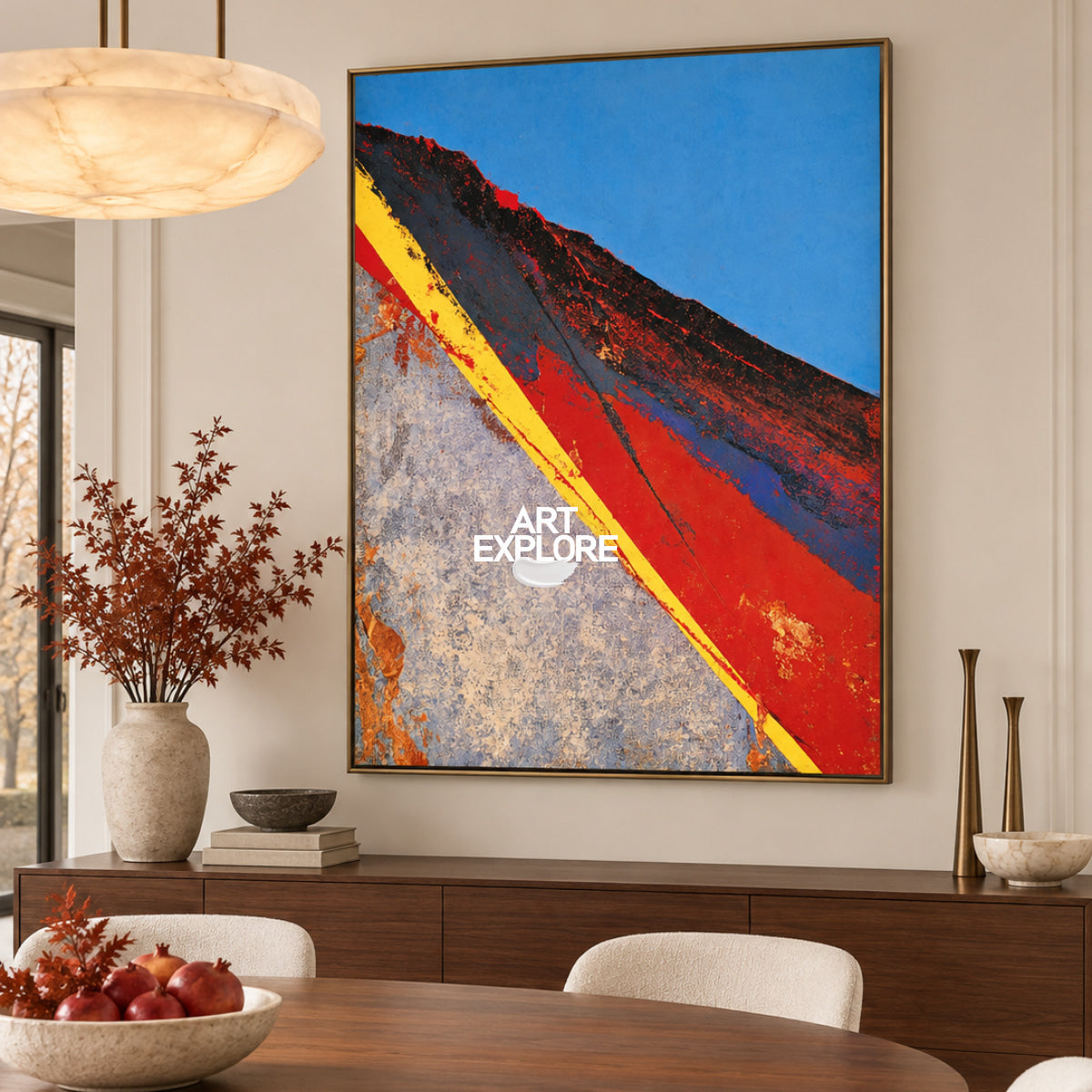 Abstract Red And Blue Landscape Canvas Painting With Yellow Line