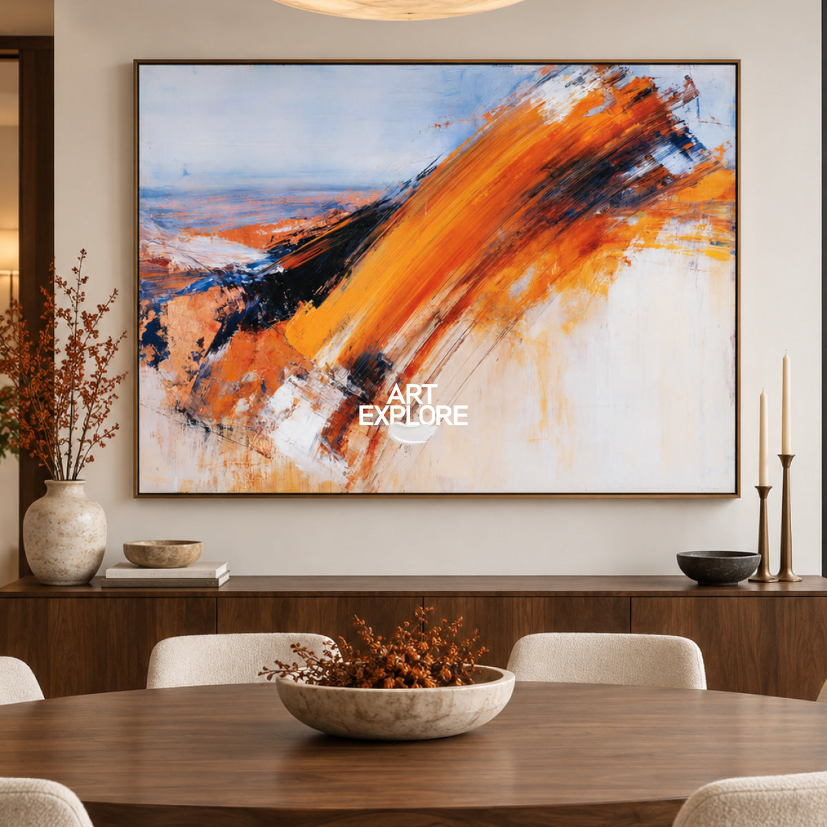Modern Abstract Wall Art With Orange Blue For Living Room Decor