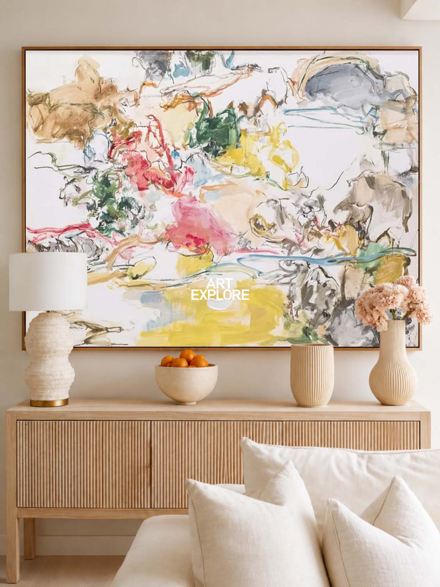 Abstract Pastel Canvas Painting With Yellow Pink Tones For Modern Walls