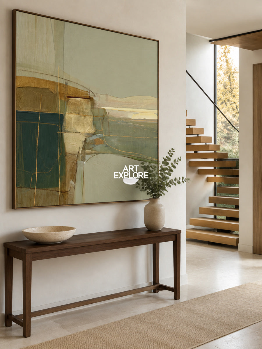 Abstract Green And Brown Square Canvas Painting Hand-Painted Modern Wall Art