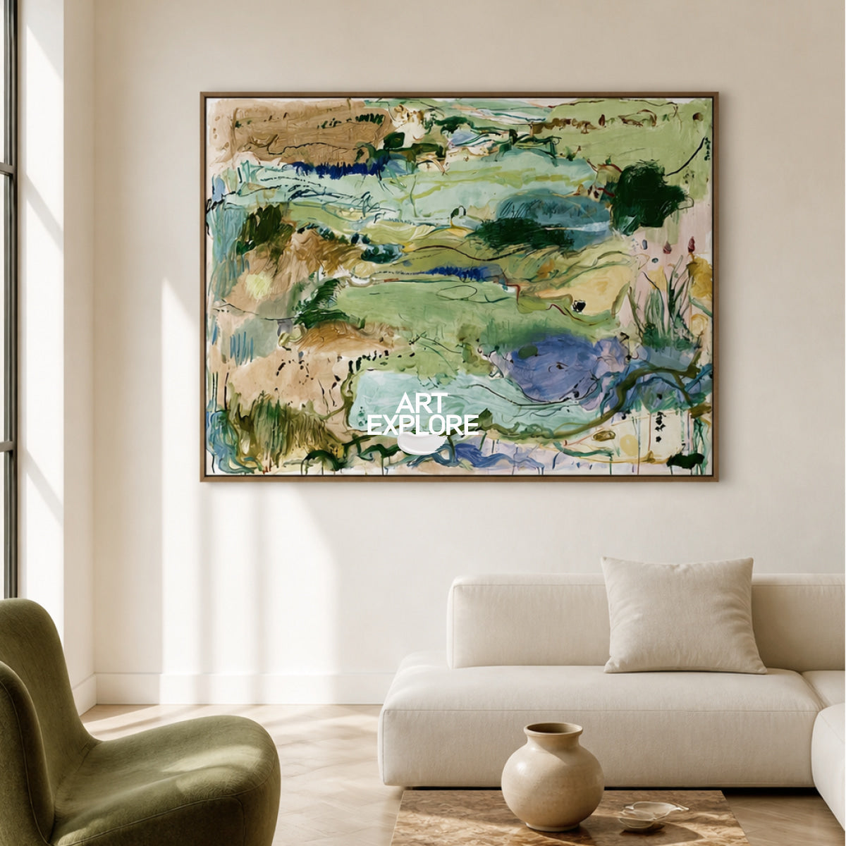 Abstract Green Landscape Canvas Painting Hand-Painted Wall Art With Blue And Beige Tones