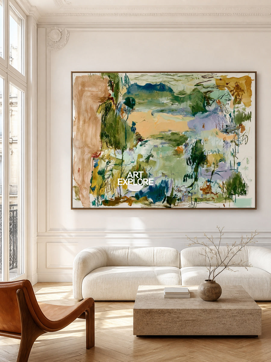 Abstract Green Landscape Canvas Painting Hand-Painted Wall Art With Blue And Beige Tones